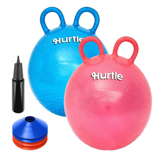 Glitter Space Hopper lēkājamās bumbas, 2 gab., ar rokas pumpi un konusiem, 46 cm, zilas un sarkanas