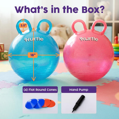 2er-Pack Glitzer-Space-Hopper-Bälle mit Handpumpe und Hütchen, 46 cm, Blau und Rot