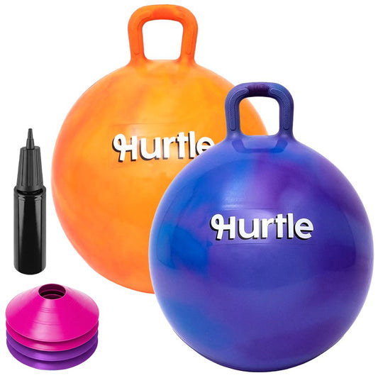 Marmora Space Hopper bumbu komplekts, 2 gab., ar rokas pumpi un konusiem, 51 cm, oranžā un zilā krāsā