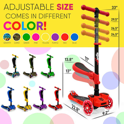 3-Rad-Kinderroller mit leuchtenden Rädern und ausklappbarem Sitz, 65 bis 86 cm, in Rot