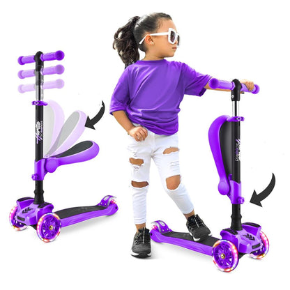 3-hjulig sparkcykel för barn med lysande hjul och utfällbar sits, 65 till 86 cm, lila