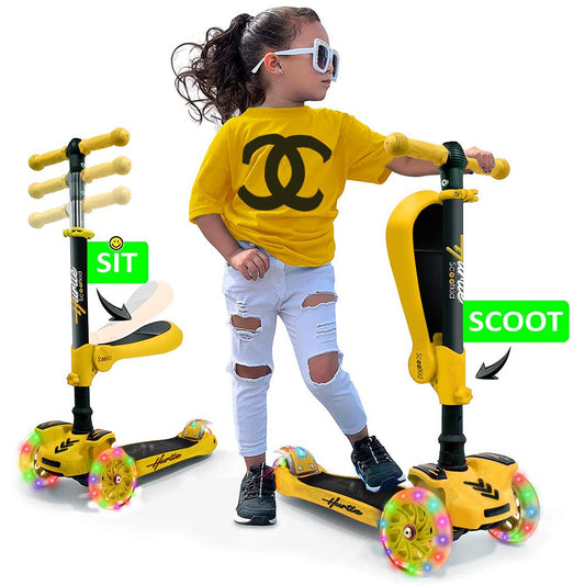 3-Rad-Kinderroller mit leuchtenden Rädern und ausklappbarem Sitz, 65 bis 86 cm, in Gelb