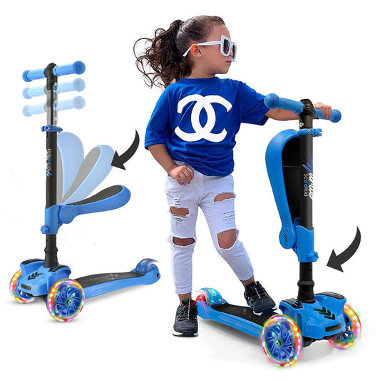 3-Rad-Kinderroller mit leuchtenden Rädern und ausklappbarem Sitz, 65 bis 86 cm, Blau