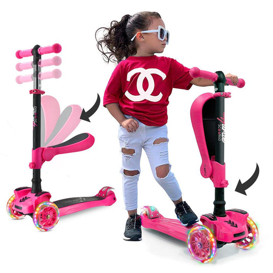 3-Rad-Kinderroller mit leuchtenden Rädern und ausklappbarem Sitz, 65 bis 86 cm, in Pink