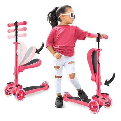 3 Wheel Kids Scooter with Light Up Wheels and Fold Out Seat 65 to 86cm in White