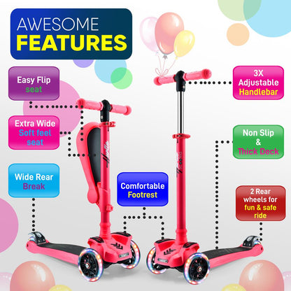 3 Wheel Kids Scooter with Light Up Wheels and Fold Out Seat 65 to 86cm in White