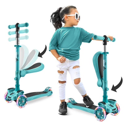 Monopattino per bambini a 3 ruote con ruote luminose e sedile estraibile pieghevole, da 65 a 86 cm, turchese