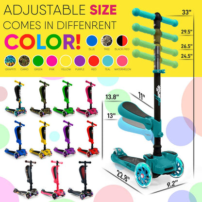 Monopattino per bambini a 3 ruote con ruote luminose e sedile estraibile pieghevole, da 65 a 86 cm, turchese