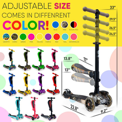 Trotinete infantil de 3 rodas com rodas luminosas e assento rebatível, de 65 a 86 cm