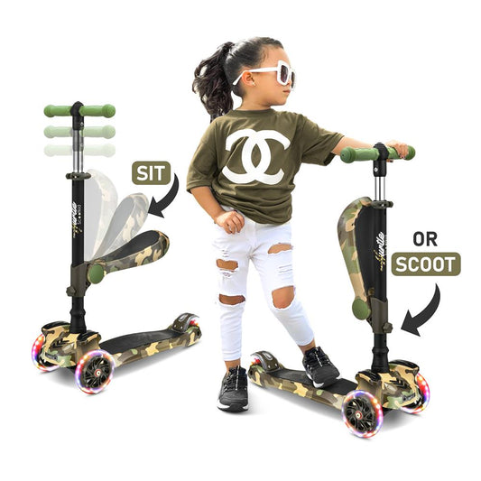 3-Rad-Kinderroller mit leuchtenden Rädern und ausklappbarem Sitz, 65 bis 86 cm, in Camouflage