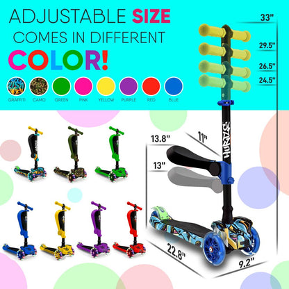 3-Rad-Kinderroller mit leuchtenden Rädern und ausklappbarem Sitz, 65 bis 86 cm, Graffiti