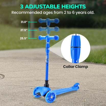 Detská trojkolesová kolobežka so svietiacimi kolieskami pre deti od 2 do 5 rokov, od 63 do 72 cm, modrá