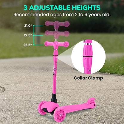 3-hjulig sparkcykel för barn med lysande hjul, för barn i åldern 2 till 5 år, 63 till 72 cm, rosa