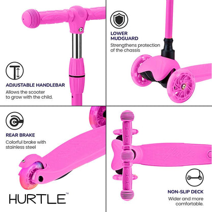 3-hjulig sparkcykel för barn med lysande hjul, för barn i åldern 2 till 5 år, 63 till 72 cm, rosa