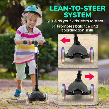 3 Wheel Kids Kick Scooter with Light Up Wheels for Ages 2 to 5 63 to 72cm in Black