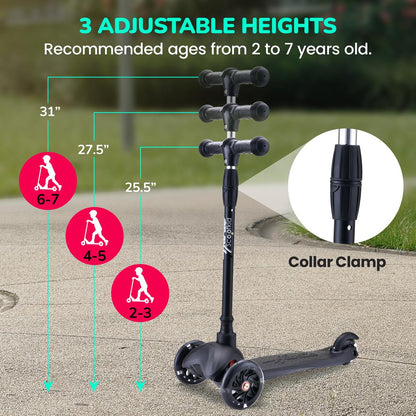 3 Wheel Kids Kick Scooter with Light Up Wheels for Ages 2 to 5 63 to 72cm in Black