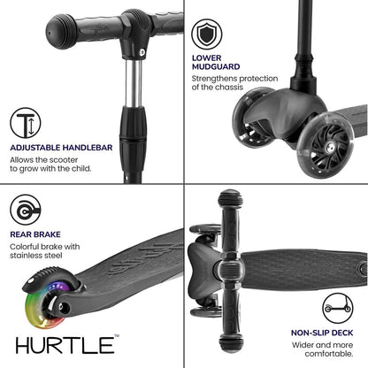 3 Wheel Kids Kick Scooter with Light Up Wheels for Ages 2 to 5 63 to 72cm in Black