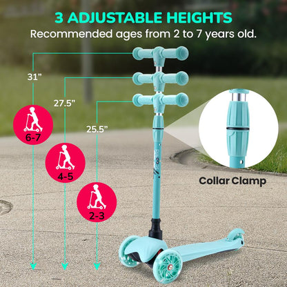 Patinete infantil de 3 ruedas con ruedas luminosas para niños de 2 a 5 años, de 63 a 72 cm, en verde azulado