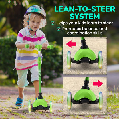 Kinderstep met 3 wielen en verlichte wielen voor kinderen van 2 tot 5 jaar, 63 tot 72 cm, groen