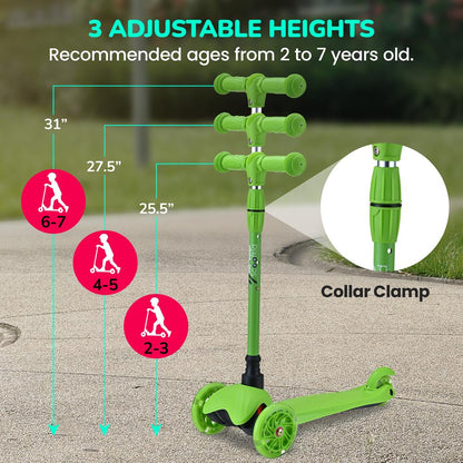 Kinderstep met 3 wielen en verlichte wielen voor kinderen van 2 tot 5 jaar, 63 tot 72 cm, groen