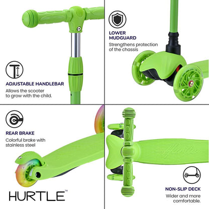 Kinderstep met 3 wielen en verlichte wielen voor kinderen van 2 tot 5 jaar, 63 tot 72 cm, groen