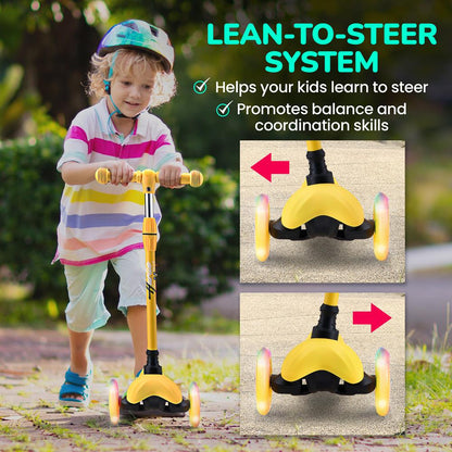 Trotinete infantil de 3 rodas com rodas luminosas, para crianças dos 2 aos 5 anos, de 63 a 72 cm, em amarelo