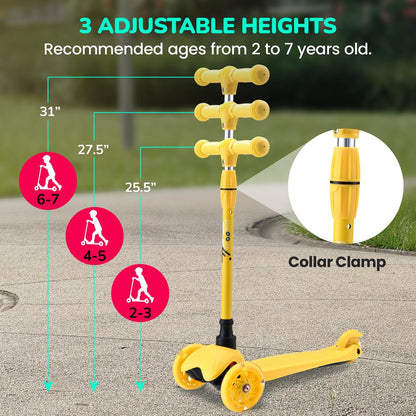 Trotinete infantil de 3 rodas com rodas luminosas, para crianças dos 2 aos 5 anos, de 63 a 72 cm, em amarelo
