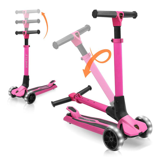Sammenfoldeligt 3-hjulet løbehjul til børn med lysende hjul, justerbart fra 68 til 80 cm, pink