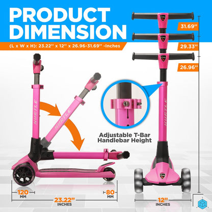 Monopattino pieghevole a 3 ruote per bambini con ruote luminose, regolabile da 68 a 80 cm, rosa