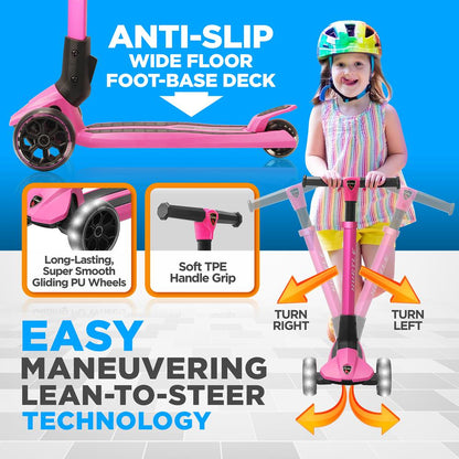 Monopattino pieghevole a 3 ruote per bambini con ruote luminose, regolabile da 68 a 80 cm, rosa