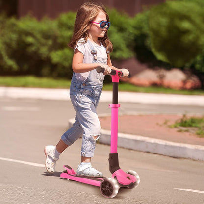 Monopattino pieghevole a 3 ruote per bambini con ruote luminose, regolabile da 68 a 80 cm, rosa