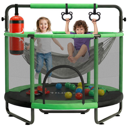 Lasten trampoliini turvaverkolla, keinulla ja nyrkkeilysäkillä, 140 cm, vihreä ja sininen
